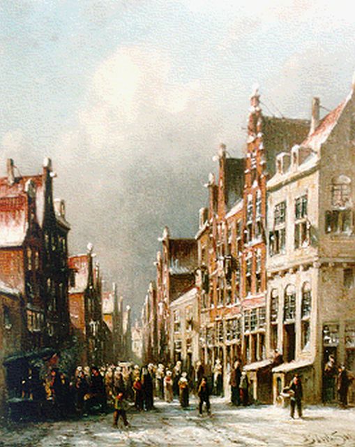 Petrus Gerardus Vertin | Winters stadsgezicht met figuren, olieverf op paneel, 24,0 x 19,6 cm, gesigneerd r.o. en gedateerd '85