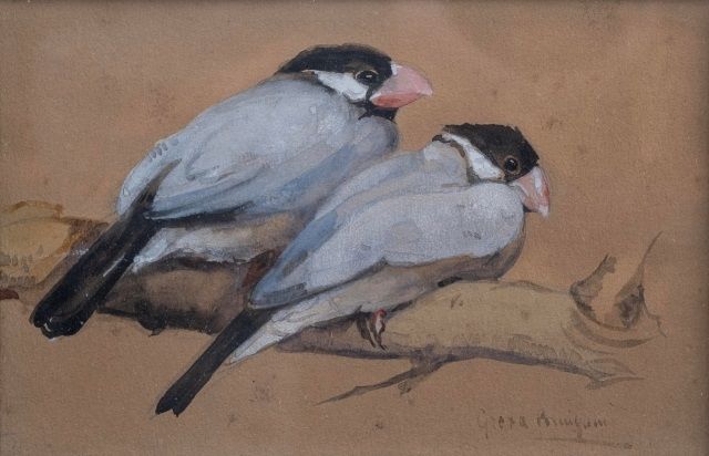 Greta Bruigom | Twee rijstvogels op een tak, aquarel op papier, 10,1 x 15,7 cm, gesigneerd r.o. en zonder lijst