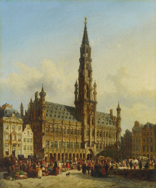 Cornelis Springer | Het Stadhuis van Brussel met levendige groentemarkt, olieverf op doek, 76,4 x 63,2 cm, gesigneerd r.o. en te dateren ca. 1845-1847   reserved