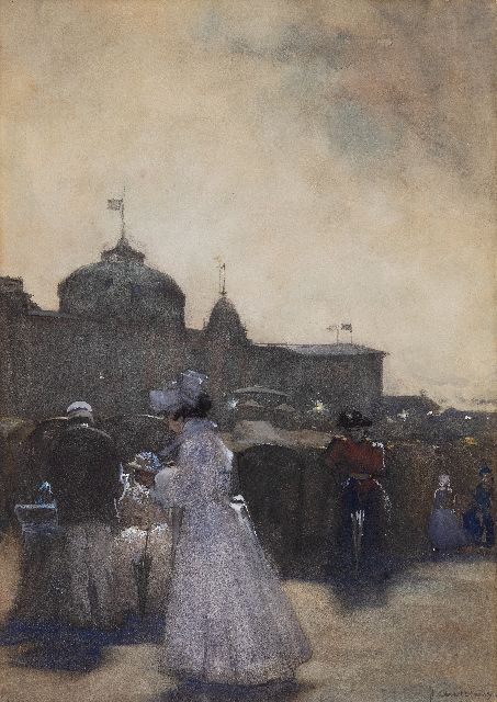 Floris Arntzenius | Zomergasten bij het Kurhaus te Scheveningen in de avondschemering, krijt, aquarel en gouache op papier, 43,8 x 30,8 cm, gesigneerd r.o.