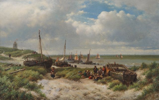 Lodewijk Johannes Kleijn | Gezicht op de duinen, het strand en de vissersschepen van Katwijk, olieverf op paneel, 52,7 x 83,7 cm, gesigneerd r.o.