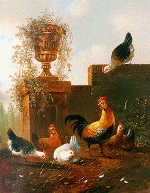 Albertus Verhoesen | Pluimvee bij een muurtje, olieverf op paneel, 28,7 x 23,0 cm, gesigneerd r.o. en gedateerd 1857
