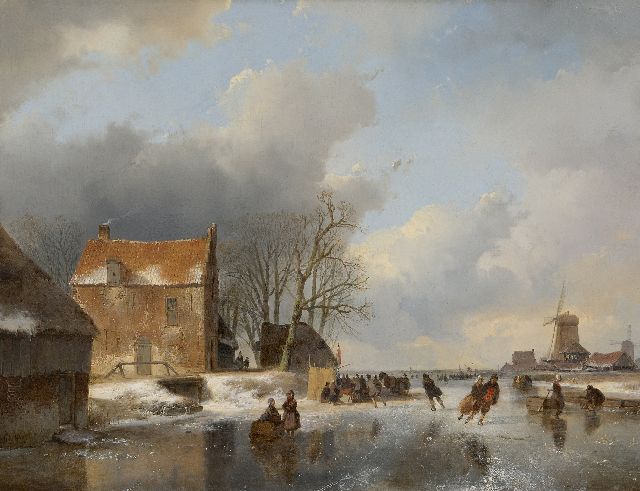 Andreas Schelfhout | Bevroren rivier met schaatsers en een koek-en-zopietent, olieverf op paneel, 40,6 x 52,6 cm, gesigneerd l.o. en gedateerd '41