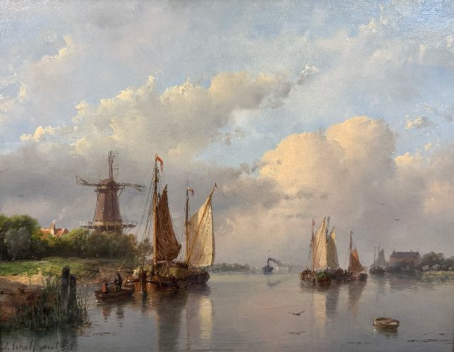 Andreas Schelfhout | Zomers riviergezicht met zeilschepen, een stoomschip in de verte, olieverf op paneel, 22,0 x 29,0 cm, gesigneerd l.o. en gedateerd '58
