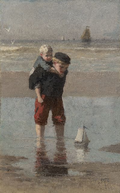 David Artz | Spelende visserskinderen op het strand, olieverf op doek, 43,1 x 27,0 cm, gesigneerd r.o.