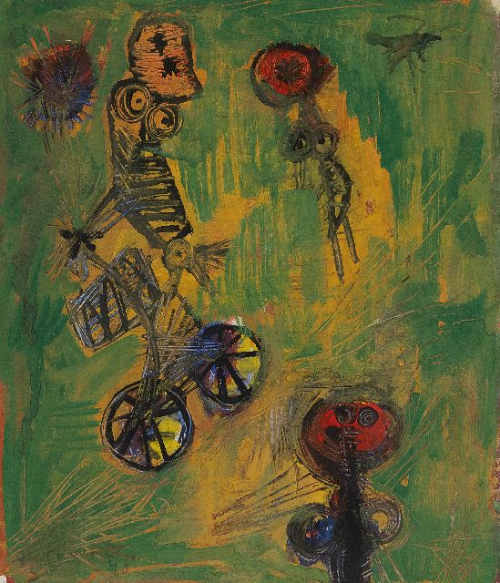 Corneille | Fietsers, inkt, aquarel en gouache op papier, 35,6 x 30,5 cm, gesigneerd l.o. en gedateerd '48