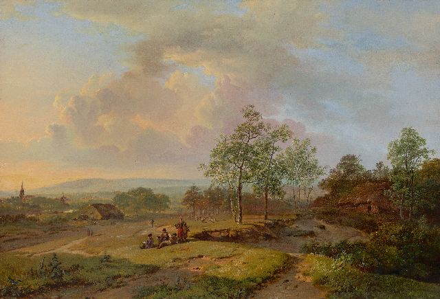 Koekkoek B.C.  | Panoramisch landschap nabij Beek met schetsende kunstenaar op de voorgrond, olieverf op doek 50,0 x 73,0 cm, gesigneerd l.o. en te dateren ca. 1826-1828