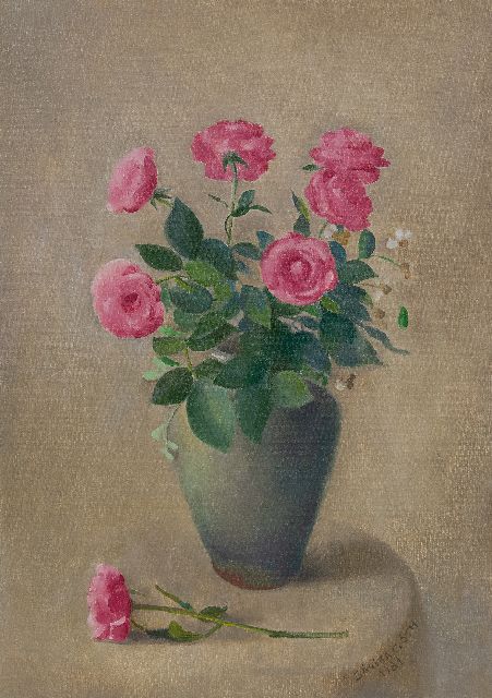 Sarika Góth | Vaas met roze rozen, olieverf op doek, 50,4 x 35,7 cm, gesigneerd l.o. en gedateerd 1981