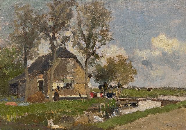 Jan Hendrik Weissenbruch | Ophangen van de was, olieverf op paneel, 22,7 x 32,1 cm, gesigneerd r.o. met initialen en te dateren ca. 1990-1900