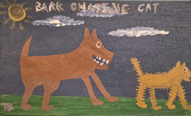 Tim Brown | Bark chasing cat, olieverf op paneel, 30,2 x 50,3 cm, gesigneerd l.o. met initialen