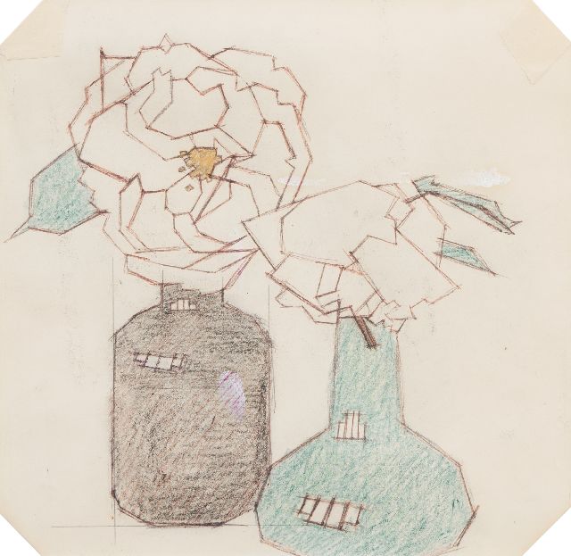 Hendrik Valk | Rozen in flessen, kleurpotlood en krijt op papier, 22,5 x 23,0 cm