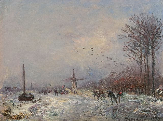 Johan Barthold Jongkind | Hollandse vaart met schaatsers, olieverf op doek, 25,2 x 35,3 cm, gesigneerd r.o. en gedateerd 1873
