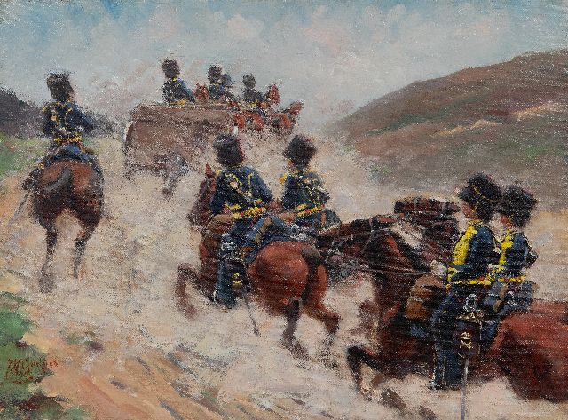 Jacob Hendrik Geerlings | Gele Rijders op de Deelense heide, olieverf op doek, 36,6 x 49,6 cm, gesigneerd l.o.
