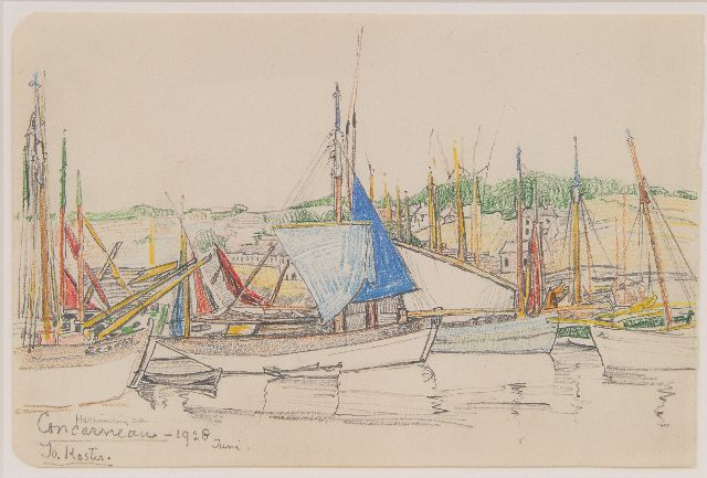Koster J.P.C.A.  | Herinnering aan Concarneau, potlood en gekleurd krijt op papier 17,0 x 25,5 cm, gesigneerd l.o. en gedateerd juni 1928