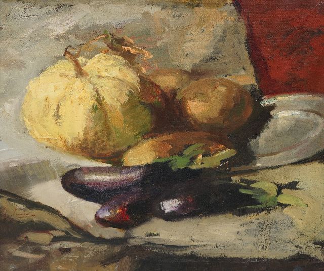 Coba Surie | Stilleven met aubergines, olieverf op doek, 37,8 x 42,5 cm, gesigneerd l.o. en op doekomslag