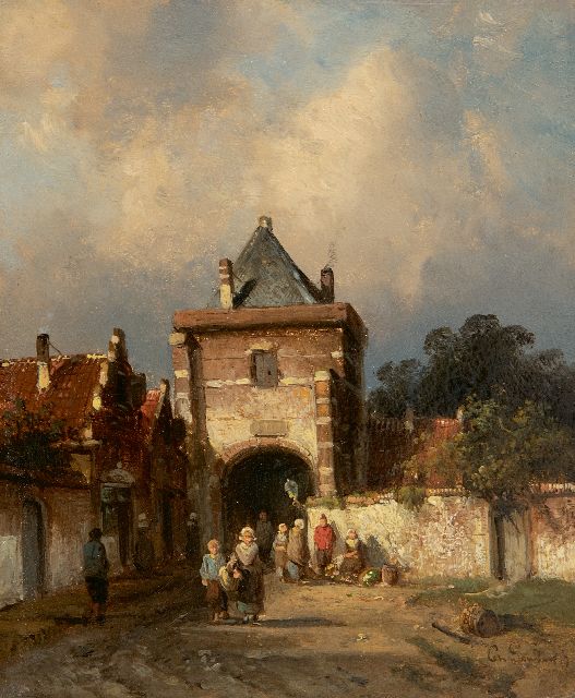 Charles Leickert | Hollandse stadspoort met figuren bij een groenteverkoopster, olieverf op paneel, 16,3 x 13,8 cm, gesigneerd r.o. en ca. 1855