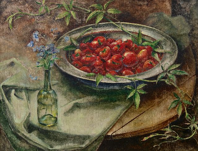 Kruizinga D.  | Stilleven met aardbeien op tinnen schaal, olieverf op doek 35,2 x 45,3 cm, gesigneerd r.o.