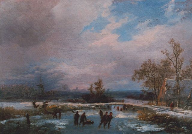 Marinus Adrianus Koekkoek I | IJsgezicht met schaatsers bij een hut, olieverf op paneel, 17,2 x 26,0 cm, gesigneerd l.o.