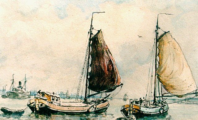 Evert Moll | Tjalken op de rivier, gemengde techniek op papier, 14,5 x 20,0 cm, gesigneerd l.o.