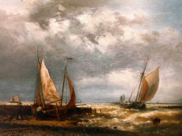 Abraham Hulk | Platbodems bij havenmond, olieverf op paneel, 15,0 x 20,3 cm, gesigneerd l.o.