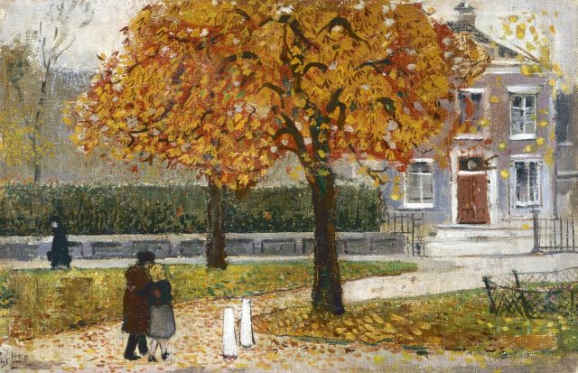 Harm Kamerlingh Onnes | Herfstwandeling te Delft, olieverf op doek op paneel, 21,7 x 33,1 cm, gesigneerd l.o. monogram en gedateerd '45