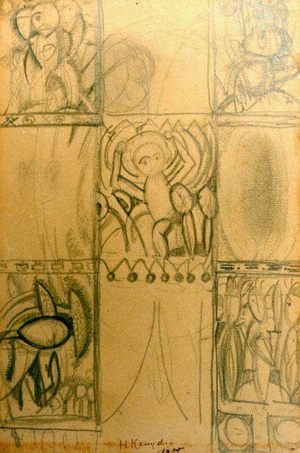 Herman Kruyder | Ontwerp voor glas-in-lood venster, potlood op papier, 20,0 x 13,0 cm, gesigneerd m.o. en gedateerd 1920