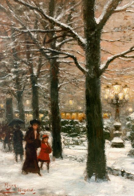 Rolf Dieter Meyer-Wiegand | Corneliusplatz in de winter (Düsseldorf), olieverf op paneel, 18,0 x 13,0 cm, gesigneerd l.o.