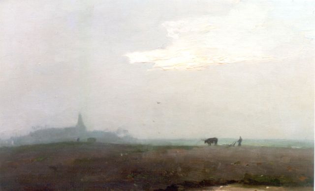 Knikker A.  | Akkerland met ploegende boer, olieverf op doek 40,2 x 60,5 cm, gesigneerd r.o.