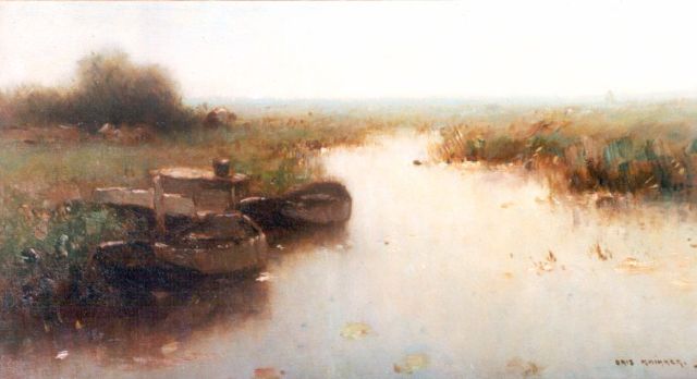 Aris Knikker | Roeiboot in polderlandschap, olieverf op doek, 25,0 x 45,2 cm, gesigneerd r.o.