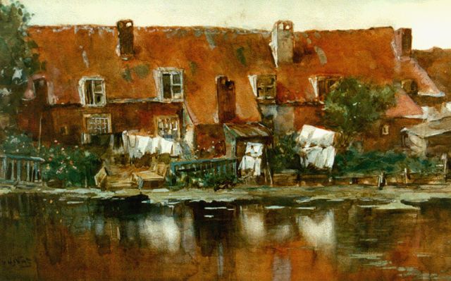 Willem van der Nat | Oudhollandse plattelandshuisjes, aquarel op papier, 30,6 x 48,1 cm, gesigneerd l.o.