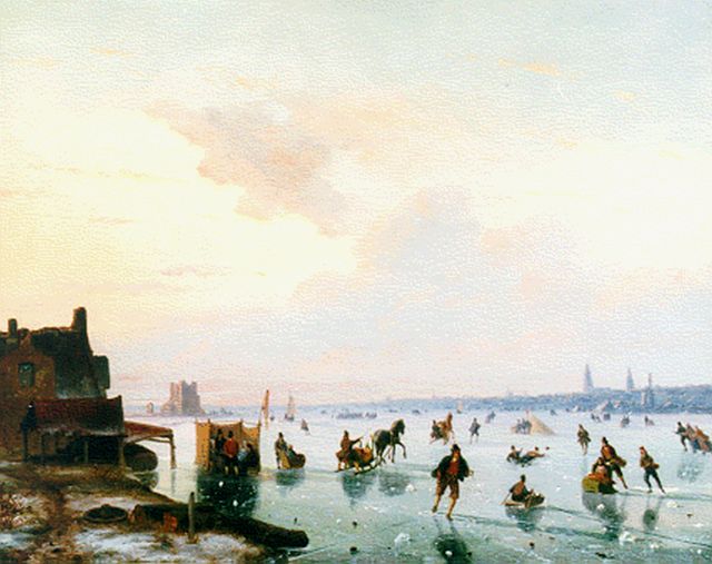 Nicolaas Roosenboom | Winterse rivier met schaatsers, olieverf op paneel, 36,5 x 46,7 cm, gesigneerd r.o.
