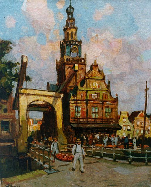 Ben Viegers | De kaasmarkt met het Waaggebouw in Alkmaar, olieverf op doek, 30,5 x 24,7 cm, gesigneerd l.o.