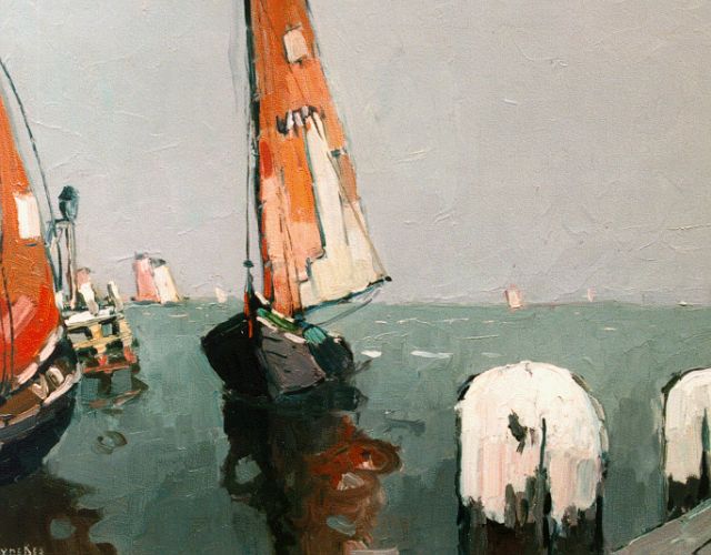 Raoul Hynckes | Volendamse botters op de Zuiderzee, olieverf op paneel, 42,3 x 56,0 cm, gesigneerd l.o.