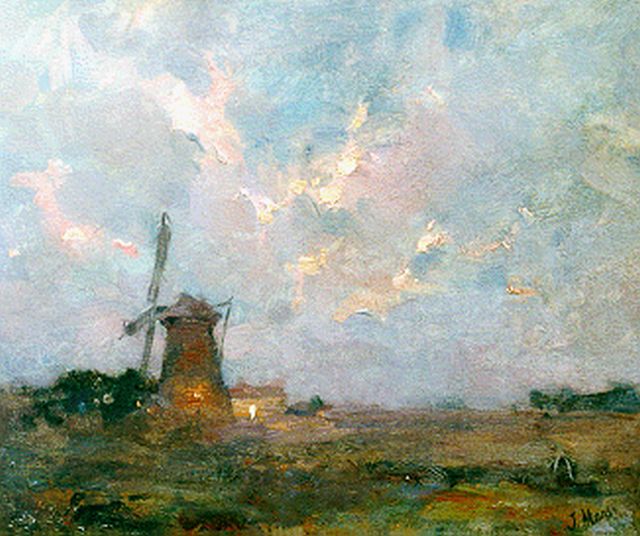 Maris J.H.  | Avondstemming met molen, 20,7 x 24,9 cm, gesigneerd r.o.