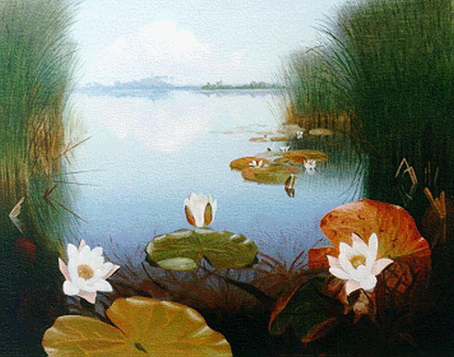Dirk Smorenberg | Plasgezicht met waterlelies, olieverf op doek, 54,4 x 69,1 cm, gesigneerd r.o.