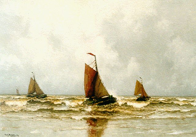 Henk Dekker | Platbodems in de branding, olieverf op doek, 50,0 x 70,0 cm, gesigneerd l.o. en gedateerd '34