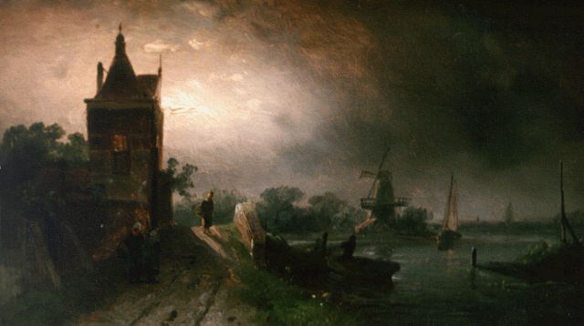 Charles Leickert | Rivierlandschap bij maanlicht, olieverf op paneel, 13,1 x 22,0 cm, gesigneerd r.o.