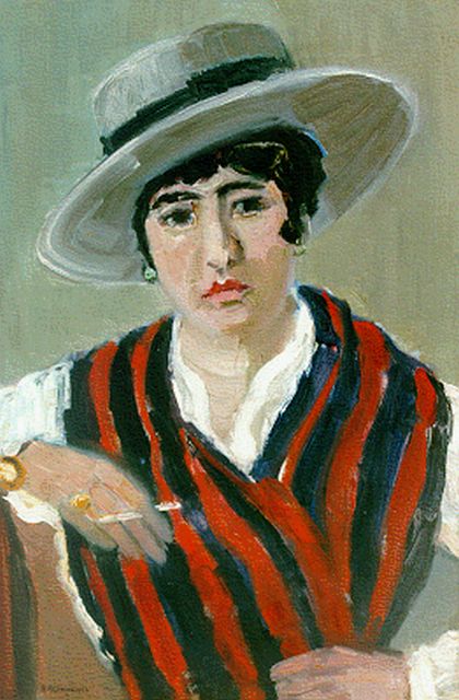 Berend Groeneveld | Dame met grijze hoed en sigaret, olieverf op doek, 60,0 x 40,3 cm, gesigneerd l.o.