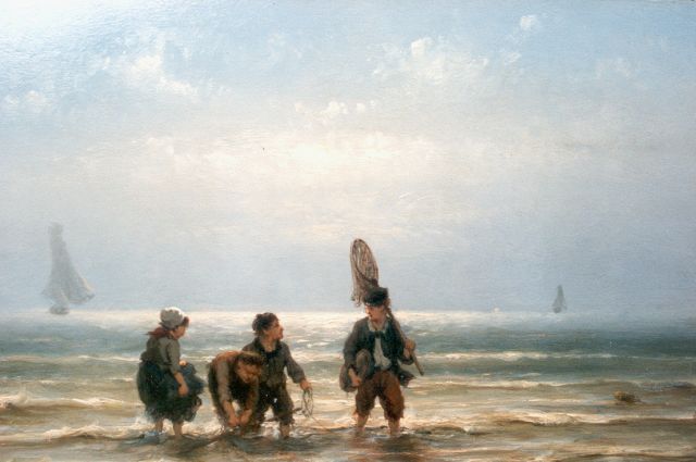 Jan H.B. Koekkoek | Visserskinderen in de branding, olieverf op paneel, 24,8 x 37,3 cm, gesigneerd r.o.