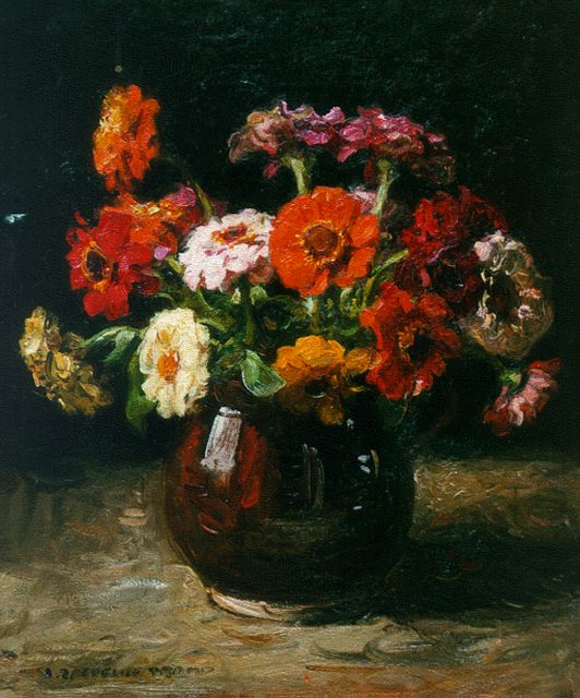 Jan Zoetelief Tromp | Bloemstilleven met zinnia's, olieverf op doek, 42,0 x 35,0 cm, gesigneerd l.o.