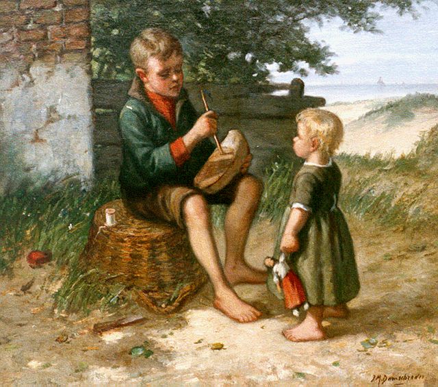 Jan Damschreuder | Jongen maakt zeilklompje voor zijn zusje, olieverf op doek, 35,4 x 40,4 cm, gesigneerd r.o.