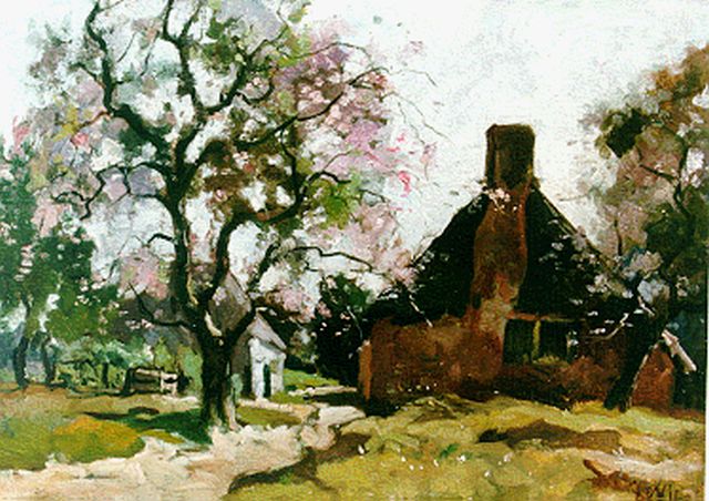 Jan van Vuuren | Boerenerf met bloesemboom, olieverf op doek, 33,0 x 45,4 cm, gesigneerd r.o.