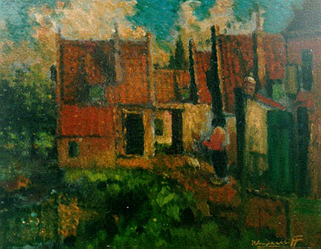 Henri van Daalhoff | Dorpsgezichtje met boerin, olieverf op paneel, 21,0 x 27,0 cm, gesigneerd r.o.