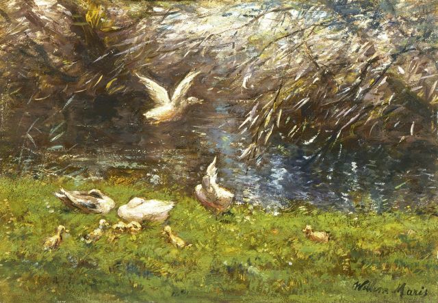 Willem Maris | Eenden aan de slootkant, olieverf op paneel, 20,0 x 28,5 cm, gesigneerd r.o.