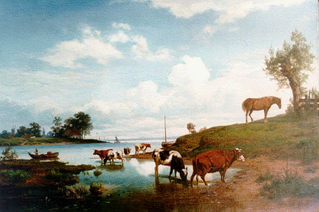 Hendrik Lot | Rivierlandschap met vee, olieverf op doek, 58,0 x 84,0 cm, gesigneerd r.o.