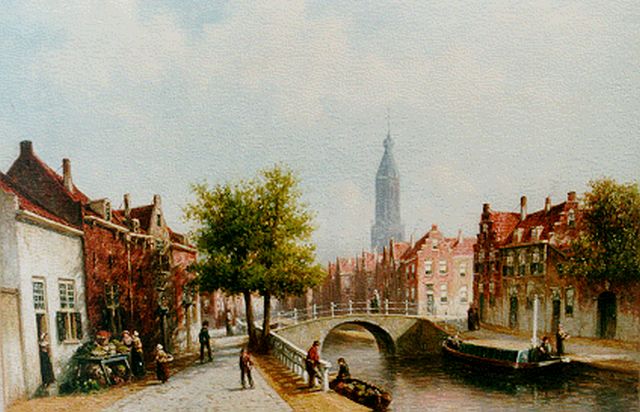 Petrus Gerardus Vertin | Zonovergoten stadsgracht te Enkhuizen met figuren, olieverf op doek, 42,7 x 55,0 cm, gesigneerd l.o. en gedateerd '89