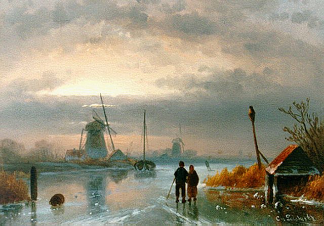 Charles Leickert | IJsgezicht bij avondschemering, olieverf op paneel, 14,2 x 20,0 cm, gesigneerd r.o.