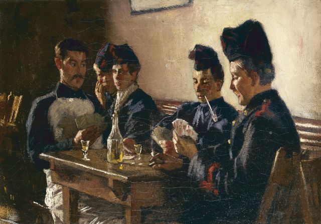 Heinrich Martin Krabbé | In de kantine, olieverf op doek, 24,5 x 34,3 cm, gesigneerd l.o.vaag