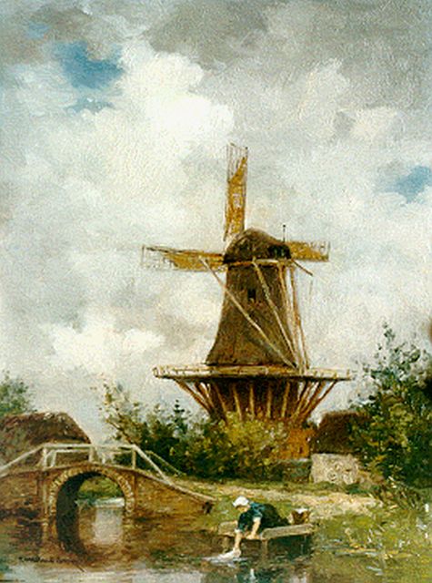 Constant Artz | Molenlandschap met wassende vrouw bij een rivier, olieverf op paneel, 24,2 x 18,1 cm, gesigneerd l.o.