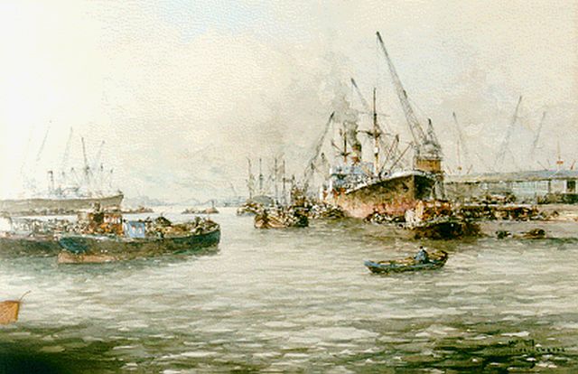 M.J. Drulman (M. de Jongere) | De Rotterdamse haven, gemengde techniek op papier, 40,0 x 65,0 cm, gesigneerd r.o.